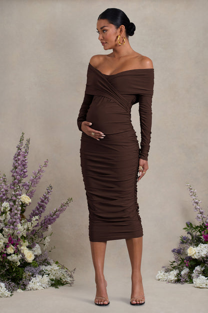 Davina | Vestido Midi de Maternidad Marrón con Escote Bardot y Fruncidos