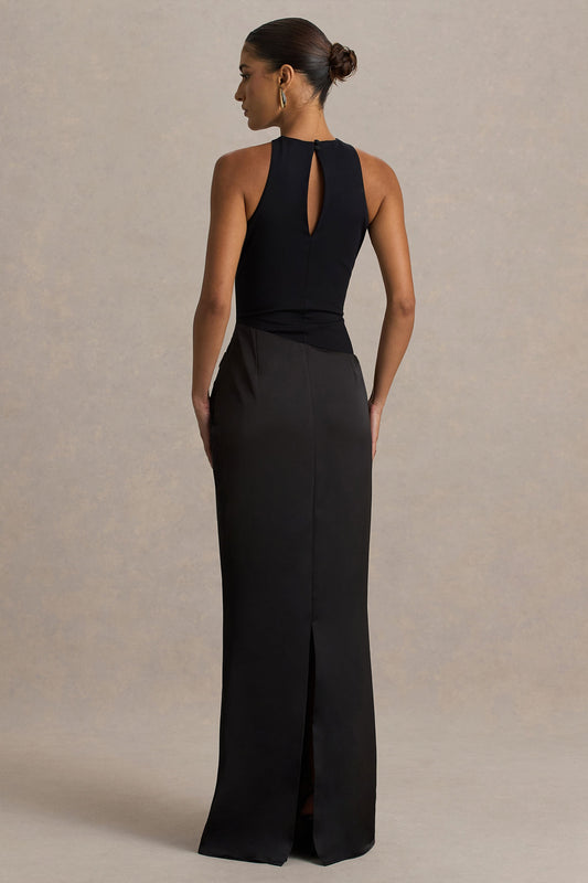 Akari | Vestido largo negro de cuello redondo con falda de satén