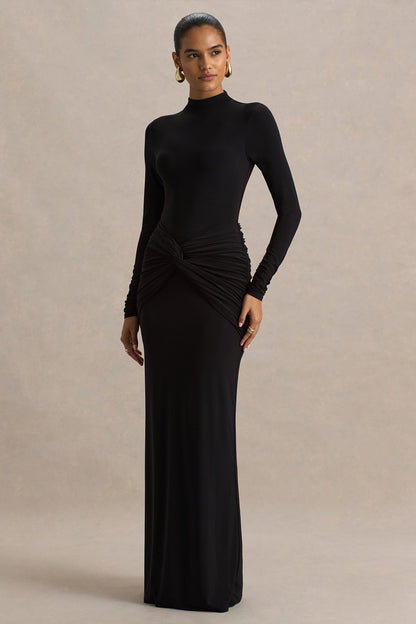Alula | Vestido Largo Negro con Escote Alto y Detalle de Nudo