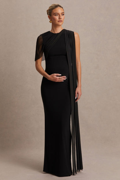 Amelise | Vestido Largo Negro con Escote Alto, Manga Tipo Capa de Tul y Detalle de Fajín