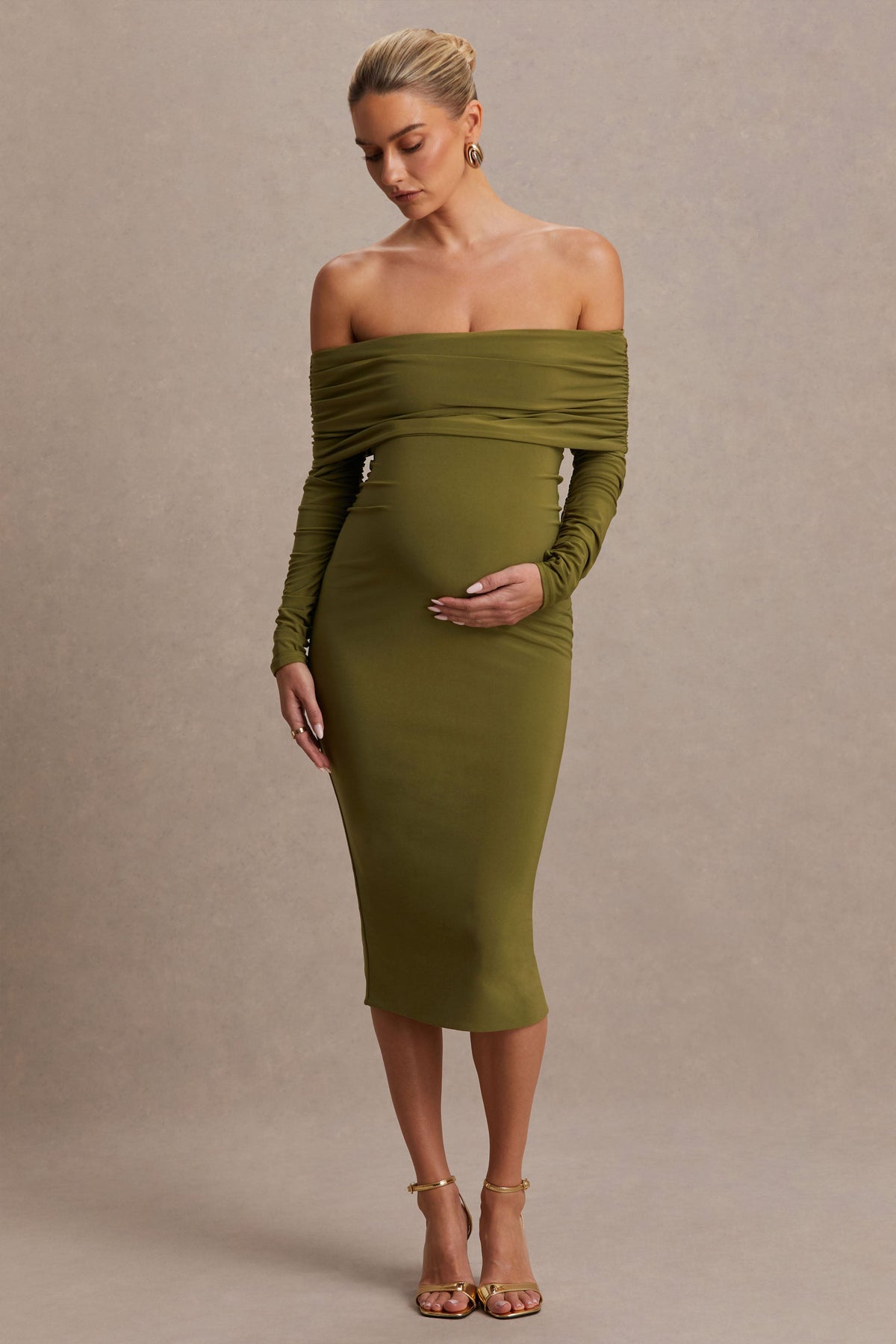 Elspeth | Vestido Midi Premamá con Escote Bardot, Color Oliva