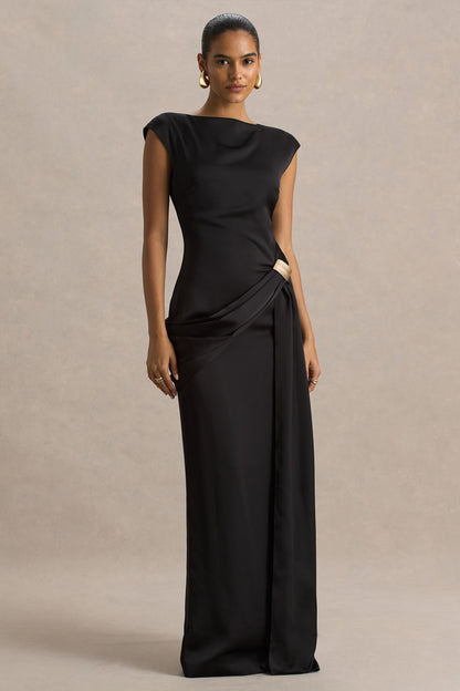 Influence | Vestido Largo Negro de Satén con Escote Alto y Detalles Fruncidos y Adornados