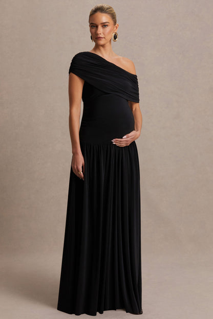 Noah | Vestido Largo Negro con Escote Asimétrico y Cintura Caída