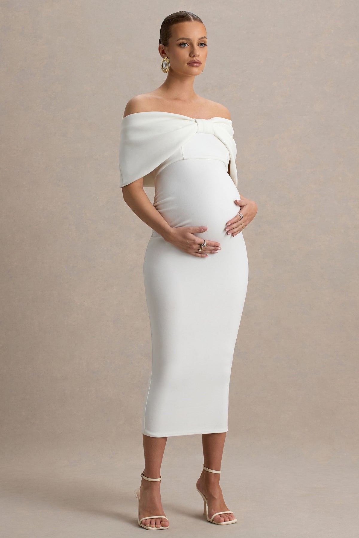 Droplet | Vestido Midi de Premamá Blanco con Lazo y Escote Bardot