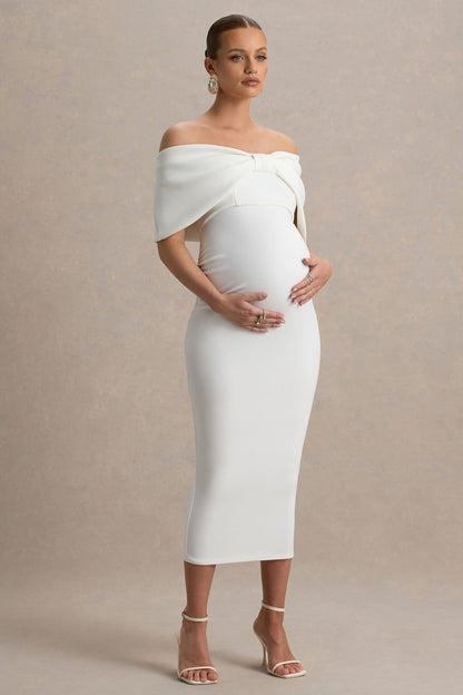 Droplet | Vestido Midi de Premamá Blanco con Lazo y Escote Bardot