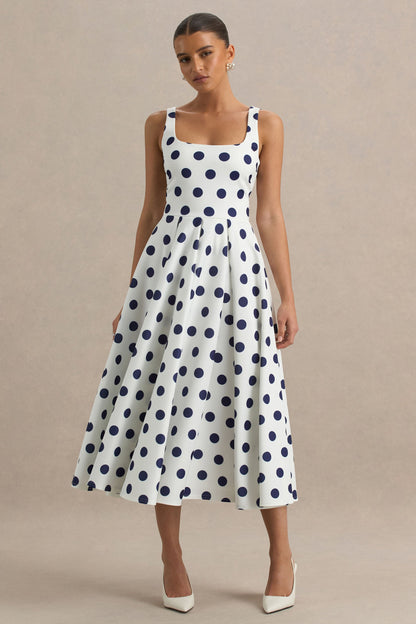 Berta | Vestido midi con escote cuadrado y falda volumen de lunares azul marino