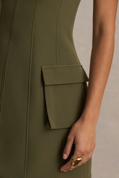 Mollie | Vestido Corto Micro Ajustado Caqui con Escote Cuadrado