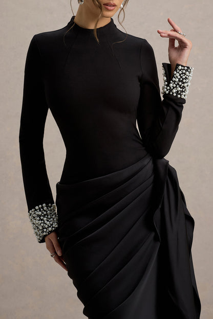 Luanna | Vestido Midi Negro de Satén con Mangas Largas y Falda Drapada