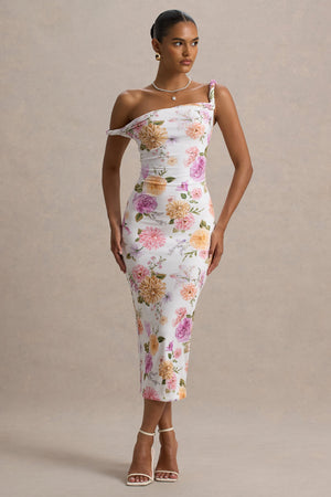 Nora | Vestido midi ajustado con escote asimétrico con detalle torcido con estampado floral