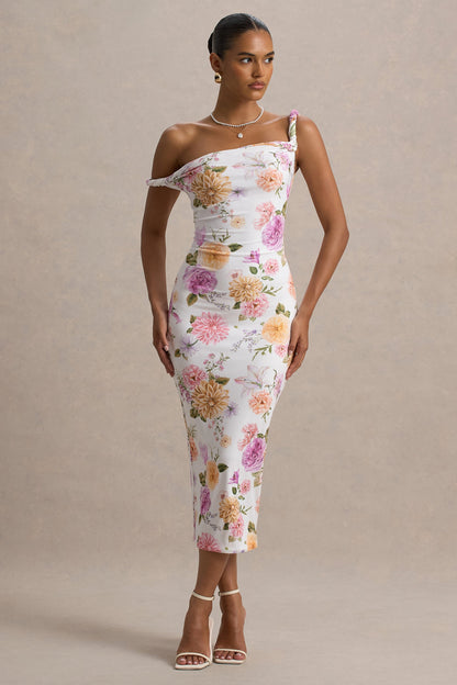 Nora | Vestido midi ajustado con escote asimétrico con detalle torcido con estampado floral