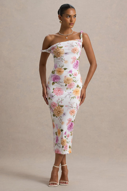 Nora | Vestido midi ajustado con escote asimétrico con detalle torcido con estampado floral