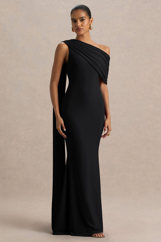 Zendaya | Vestido Largo Negro con Escote Asimétrico Cola de Pez y Detalle de Capa
