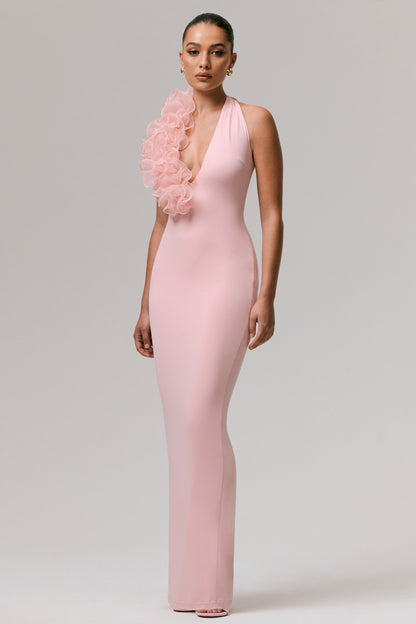 Harriet | Vestido largo rosa con escote pronunciado y detalle floral lateral