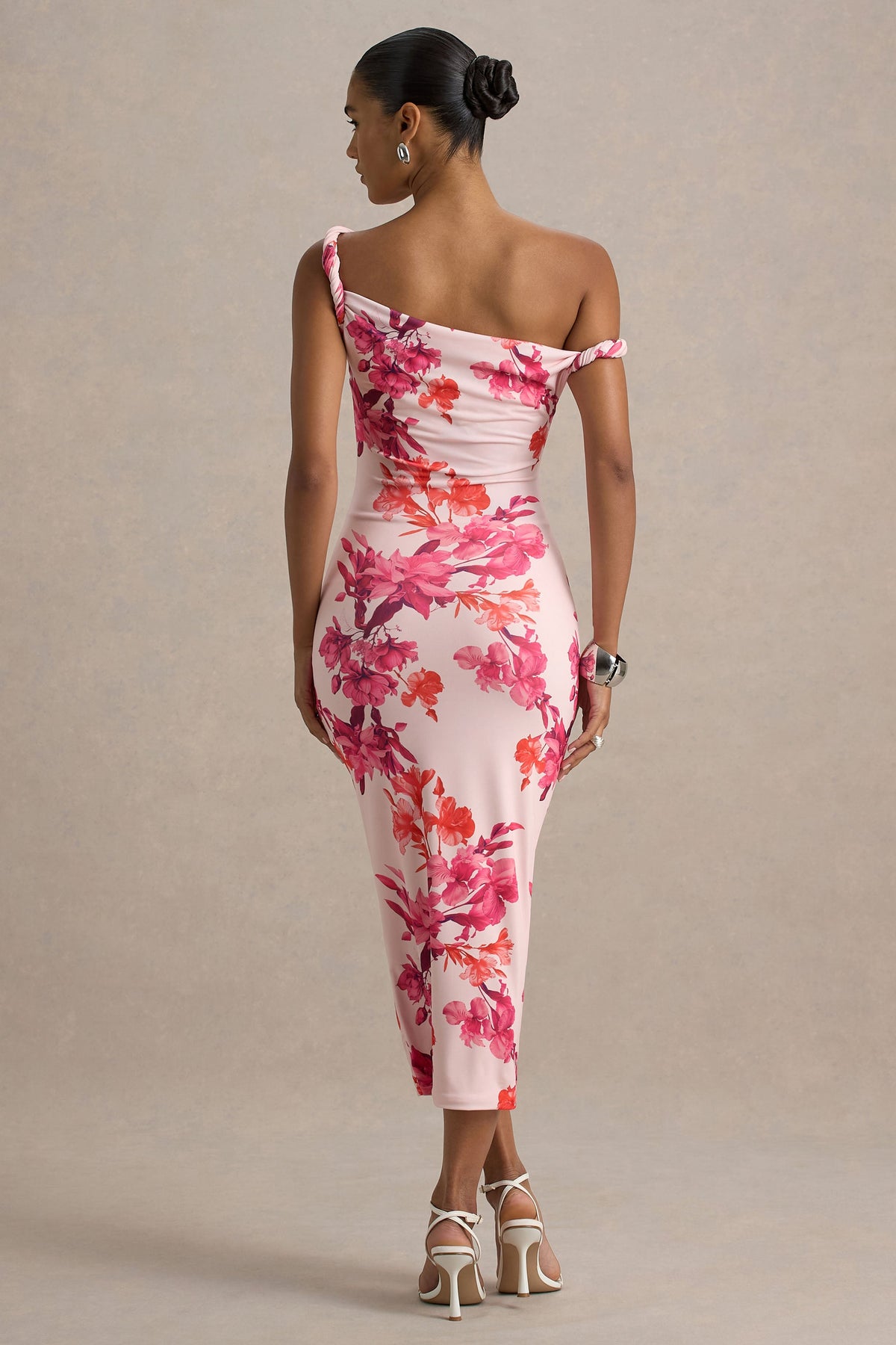 Tatian | Vestido midi entallado con escote asimétrico y estampado floral rosado