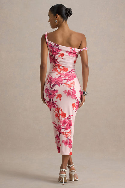 Tatian | Vestido midi entallado con escote asimétrico y estampado floral rosado