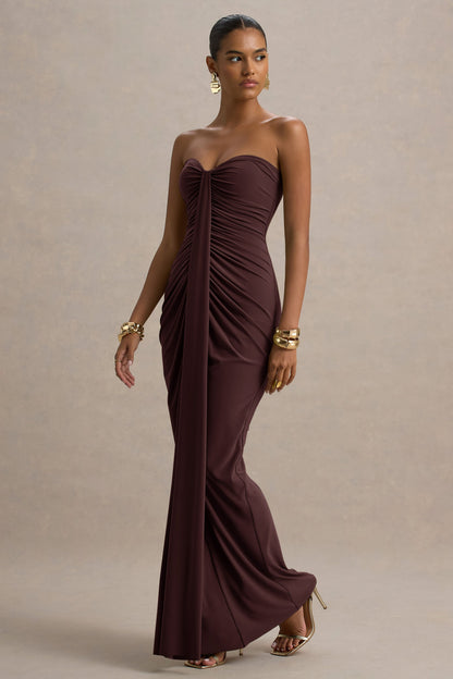 Ali | Vestido largo Marrón con escote corazón y detalles fruncidos
