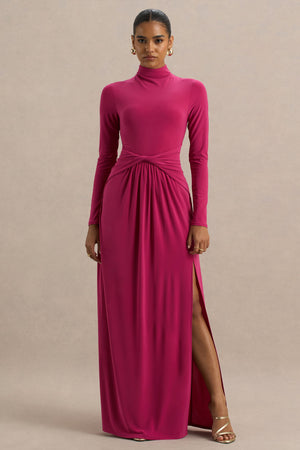Hourglass | Vestido Largo Fucsia de Manga Larga con Escote alto, Detalle Cruzado en la Cintura y Abertura Frontal