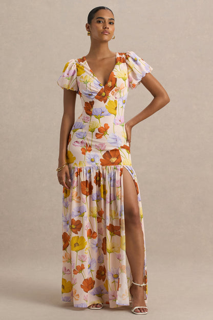 Ginny | Vestido largo con estampado floral y mangas cortas abullonadas