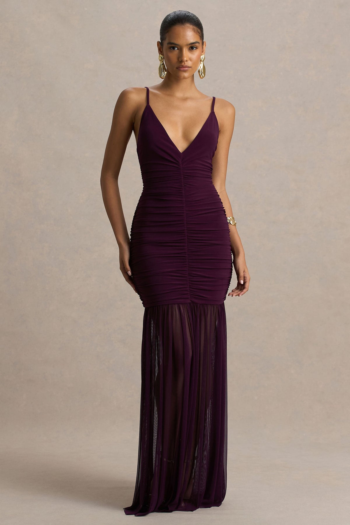 Pasqualina | Vestido largo en Púrpura Ciruela de tirantes y cuerpo fruncido