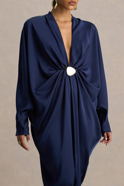 Tina | Vestido largo satinado azul marino con detalle dorado y mangas murciélago