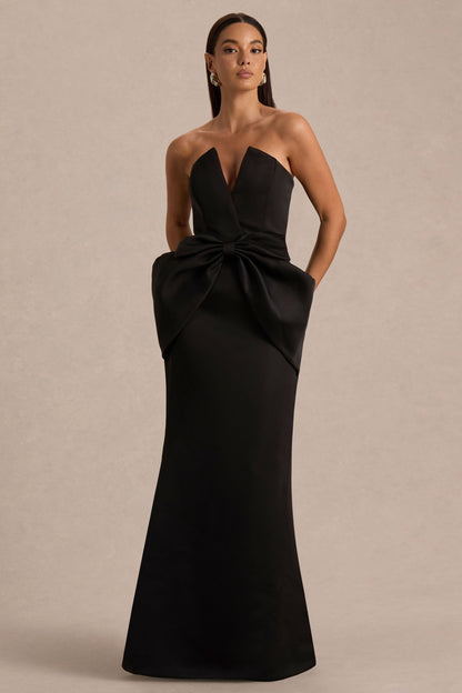 Sonata | Vestido Largo Negro de Satén con Escote Bandeau y Falda Tulipán