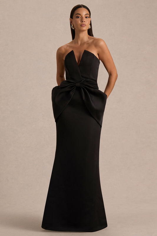 Sonata | Vestido Largo Negro de Satén con Escote Bandeau y Falda Tulipán