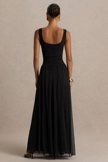 Amelia | Vestido Largo Negro Con Escote Redondeado Cintura Baja Y Flada Plisada