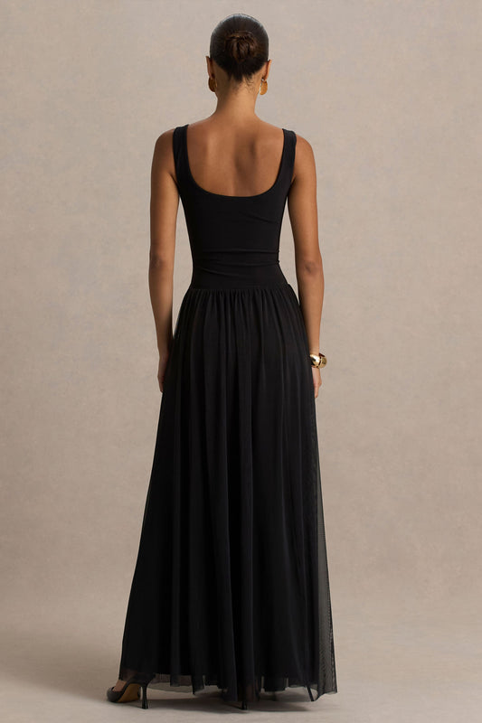 Amelia | Vestido Largo Negro Con Escote Redondeado Cintura Baja Y Flada Plisada