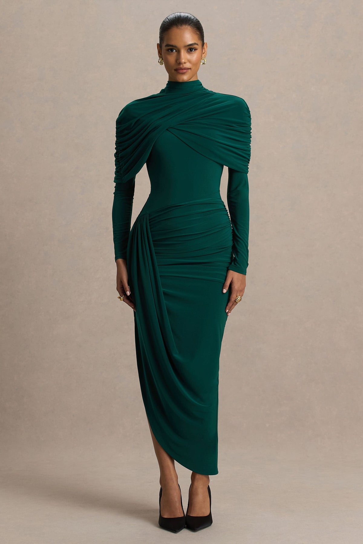Aneira | Vestido largo de cuello alto verde botella con mangas capeadas
