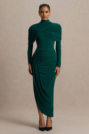 Aneira | Vestido largo de cuello alto verde botella con mangas capeadas