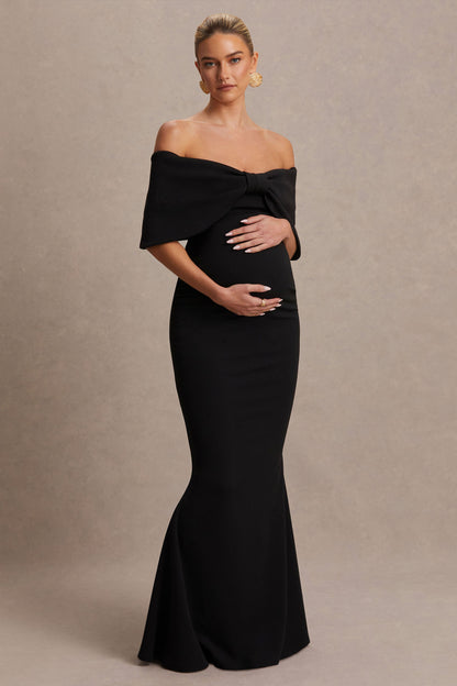 Libra | Vestido largo premamá con lazo negro y escote bardot