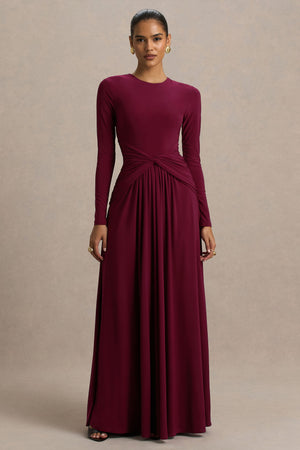 Estrella | Vestido Largo en tono berry con cuello alto y detalle fruncido