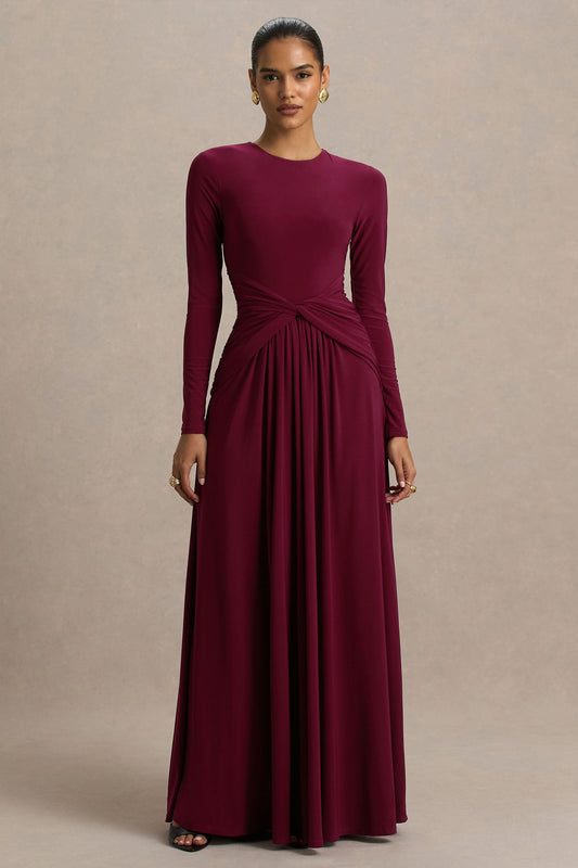 Estrella | Vestido Largo en tono berry con cuello alto y detalle fruncido