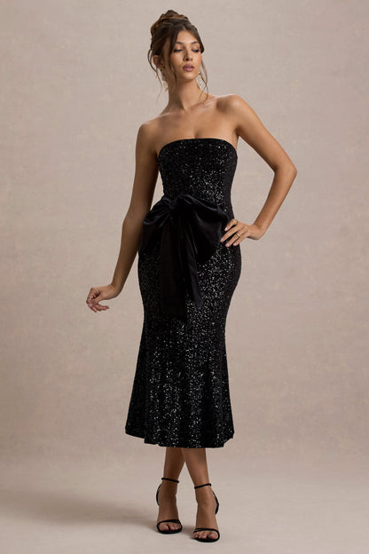 Adee | Vestido Midi de Terciopelo Negro con Escote Halter y  detalle de Lazo