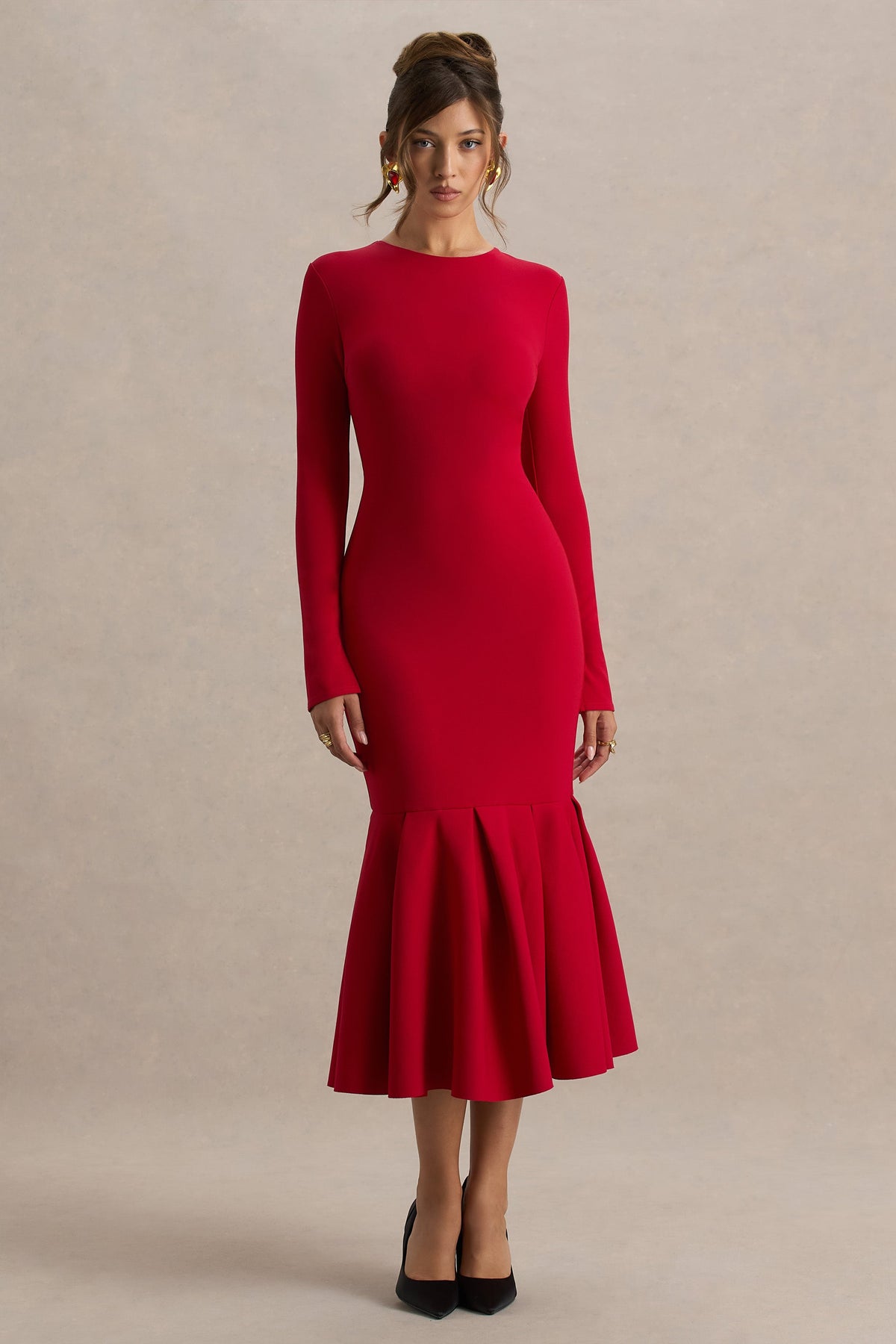 Liberty | Vestido midi rojo con mangas largas y bajo con volante