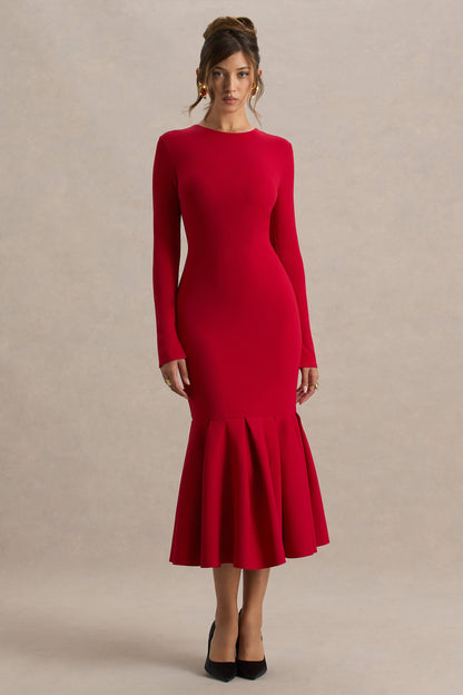 Liberty | Vestido midi rojo con mangas largas y bajo con volante