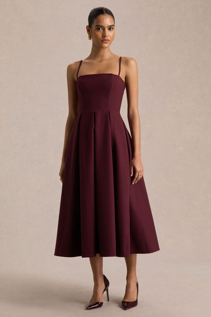 Thalia | Vestido midi burdeos con cuello alto y capa de malla transparente
