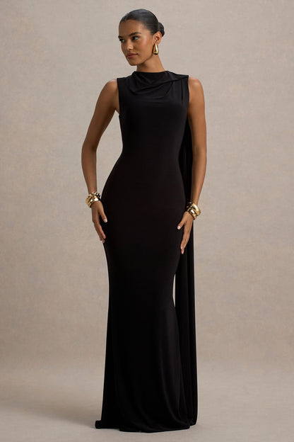 Mia | Vestido largo negro con escote barco y detalle de cinta