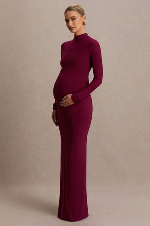 Alejandra | Vestido Largo premamá en burdeos con manga larga y escote alto