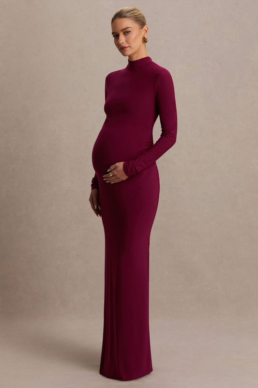 Alejandra | Vestido Largo premamá en burdeos con manga larga y escote alto