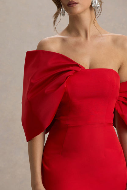 Lucille | Vestido midi rojo con escote bardot con detalle de lazo y mangas drapeadas