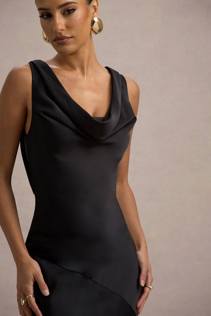 Alesso | Vestido Lencero largo satinado negro con escote drapeado