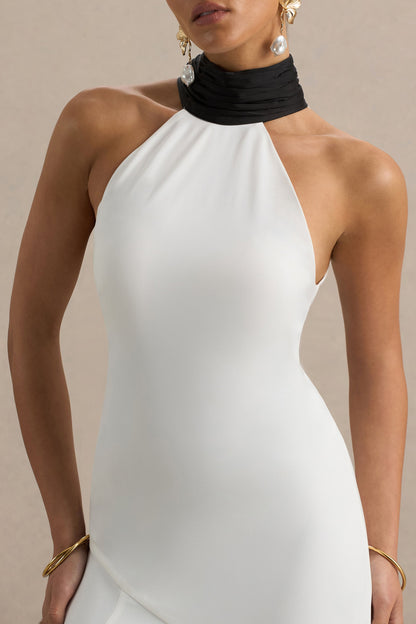 Luscious | Vestido largo blanco y negro con cuello alto cintura baja y detalle de lazo.