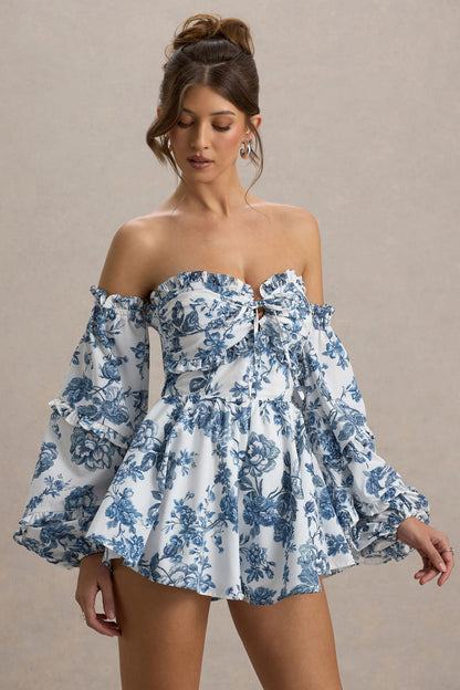 Ithaca | Mono corto con estampado floral azulado y mangas voluminosas