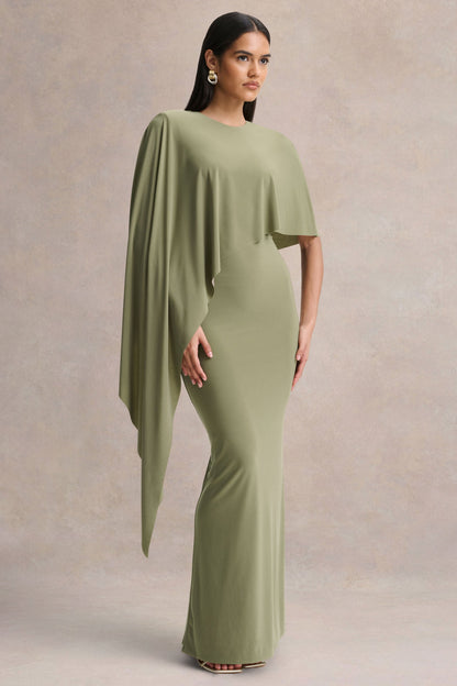 Ravena | Vestido Largo Verde Oliva de Cuello Redondo con Manga de Capa Asimétrica