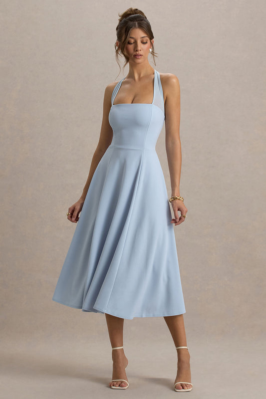 Auburn | Vestido midi azul bebé con escote halter de malla con lazo