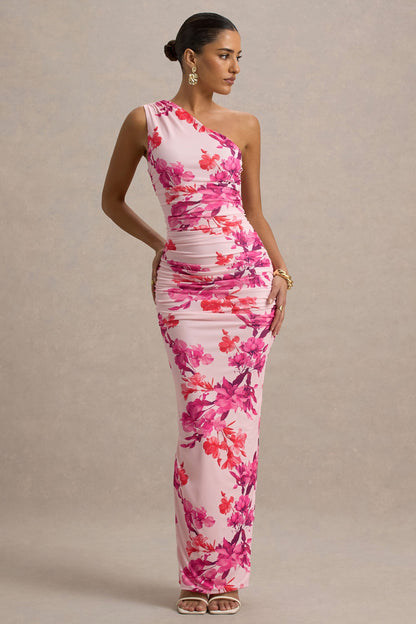 Dalarie | Vestido Largo Asimétrico con fruncido y Estampado Floral en Rosa y Naranja