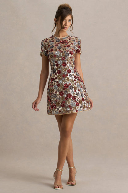 Eira | Vestido corto rojo de lentejuelas con estampado floral y escote redondo