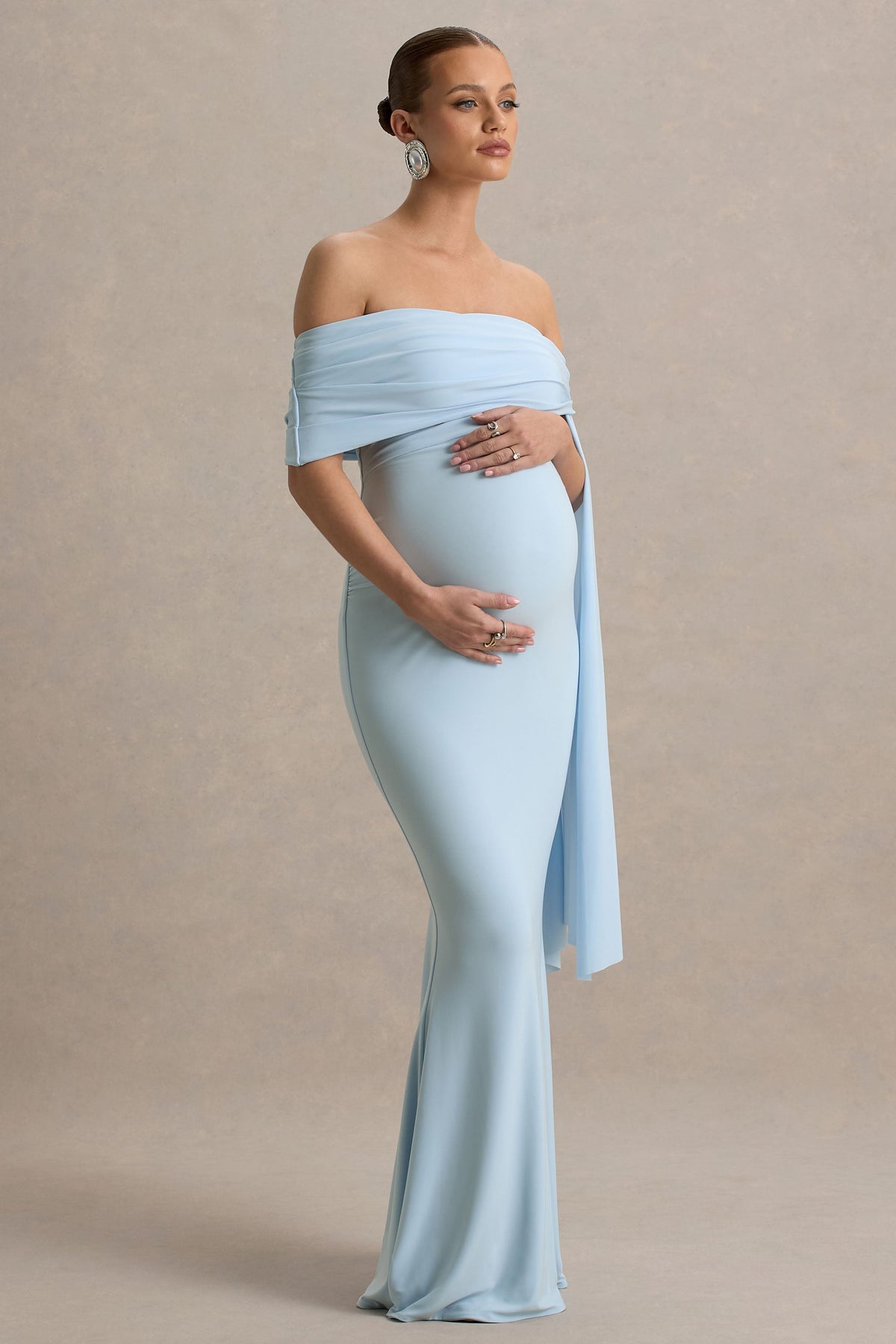 Aquila | Vestido largo de premamá Azul bebé con Escote Bardot y Manga Drapeada