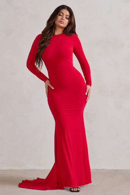 One Step Ahead | Vestido Largo Rojo de Manga Larga Abertura en  Espalda y corte Sirena